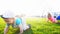 Two babies crawling on the bright green grass on a warm summer day