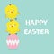 Two baby chick bird friends sitting on painting pink egg. Happy Easter Chicken pyramid family set. Farm animal. Cute cartoon funny