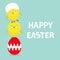 Two baby chick bird friends standing on painting red egg. Happy Easter Chicken pyramid family set. Farm animal. Cute cartoon funny