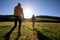 Two backpacking women hiking