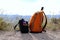 Two bags with colorful flowers on the mountains background.