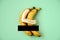 two bananas on green background with censored black line, one banana hugs another with its peel