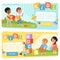 Two banners with preschool kids with colored ABC cubes. Speech therapy. Playful learning. Flat vector design for child