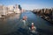 Two barges floating the East River