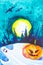 Two bats, a pumpkin and a Ghost near the castle on Halloween. Watercolor illustration