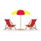 Two beach beds with sun umbrella. Vector illustration