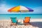 Two beach beds, umbrella and white sand on tropical sea shore in summer, generative AI