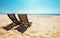Two beach chairs on empty ocean beach under bright shining sun