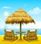 Two beach deck-chairs under wooden umbrella
