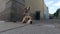 Two beagle dogs are waiting for their owner on a leash in the city. Pets two identical dogs miss their owner waiting for