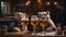 Two bears drinking beer in pub. Beer glasses on table