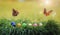 Two beautiful Admiral butterflies flutter over the festive Easter background with multi-colored eggs in green grass on a Sunny