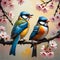 Two beautiful birds perched on a cherry tree  branch, blossoms flower, digital painting art