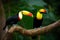 Two beautiful bright toucans are sitting on a tree branch. Live nature. Generative AI