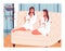 Two beautiful girls in terry white bathrobes on the couch with cups of drink. Spa treatments