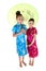 Two beautiful girls wearing Asian dresses under umbrella