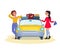 Two Beautiful happy girls going to holiday trip by retro car. Suitcases on top. Driving, trip, travel concept. Vector