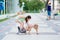 Two beautiful little sisters in a roller skates