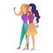 Two beautiful pretty cartoon girls characters doing selfie vector illustration.