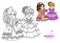 Two beautiful princesses communicate with fans color and outline for coloring