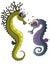 Two beautiful seahorses on the seabed. Cartoon character. Family