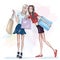 Two beautiful slim girls with shopping bags. Fashion girls. Stylish pretty women. Sketch.