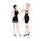 Two beautiful young women holding champagne glasses. Twenties retro party pin-up flapper girls in black dresses. Vector comic