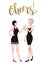 Two beautiful young women holding champagne glasses. Twenties retro party pin-up flapper girls in black dresses. Vector comic