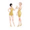 Two beautiful young women holding champagne glasses. Twenties retro party pin-up flapper girls in gold glitter dresses. Vector