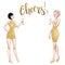 Two beautiful young women holding champagne glasses. Twenties retro party pin-up flapper girls in gold glitter dresses. Vector