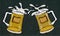 Two Beer Mugs With Light Ale or Lager. Clink with Splash. on a Black Chalkboard Background. Realistic Doodle