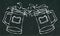 Two Beer Mugs With Light Ale or Lager. Clink with Splash. on a Black Chalkboard Background. Realistic Doodle