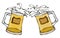 Two Beer Mugs With Light Ale or Lager. Clink with Splash. Isolated On a White Background. Realistic Doodle Cartoon Style Hand Draw