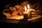 Two beeswax candles on concrete with dry leaves