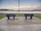 Two benches with stunning view on the Atlantic ocean and Kilkee bay in the background. Nobody. County Clare, Ireland. Irish