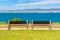 two benches on the sunny beach shore.