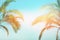 Two bending palm trees on toned vanilla pink peachy sky golden sun flare. Frame border composition. Tropical nature background