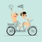 Two best friends ride on tandem bicycle. Flat design. Vector illustration.