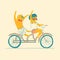 Two best friends ride on tandem bicycle. Vector illustration.