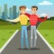 Two best male friends walking on city street, young people hugging, friendship concept vector Illustration