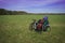 Two bicycles with luggage on meadow in Kaluga region, Russia