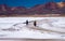 Two bicyclists going on road. Lake Las Salinas. Peru