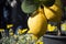 two big beautigul yellow juicy lemons growing on the three sunlit on the summer day. Horizontal, summer concept, raw fruits and v