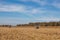 Two big blue tractor plowing the ground after harvesting corn crop on a sunny, clear, autumn day.