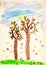 Two big brown trees with multicolored leaves, green grass, sun. Child drawing