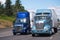 Two big rigs semi trucks in blue tone and different models with