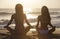 Two Bikini Women Girls Sitting Sunset Sunrise Beach