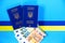 Two biometric passports of Ukrainian citizens and euro banknotes on a blue background with a yellow and blue ribbon.