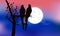 Two Bird Silhouette Macaw standing on branch with moon background an night , vector illustration