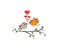 Two birds silhouettes on branch in love, vector. Colorful birds illustration with red hearts, isolated on white background